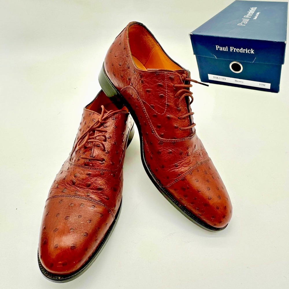 Paul Fredrick Italian Ostrich‑Style Leather Dress Shoes Brown 10M Box & Dust Bag